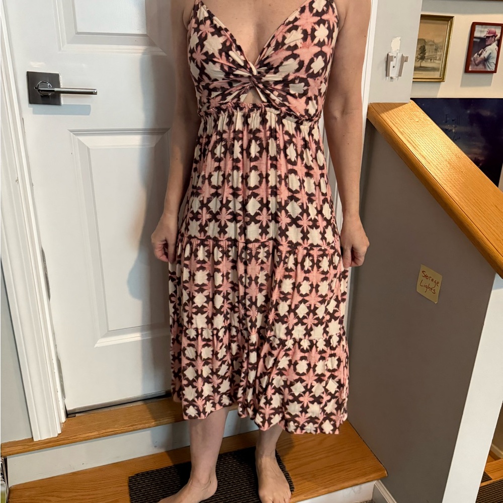 LOFT peach, brown  and White Sleeveless Plunge Sundress